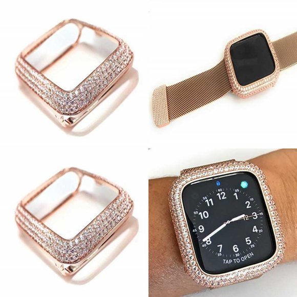 Bling Rose Gold Zirconia Apple Watch Bezel Face Case Cover Series 7  41/45 mm - Picture 1 of 5